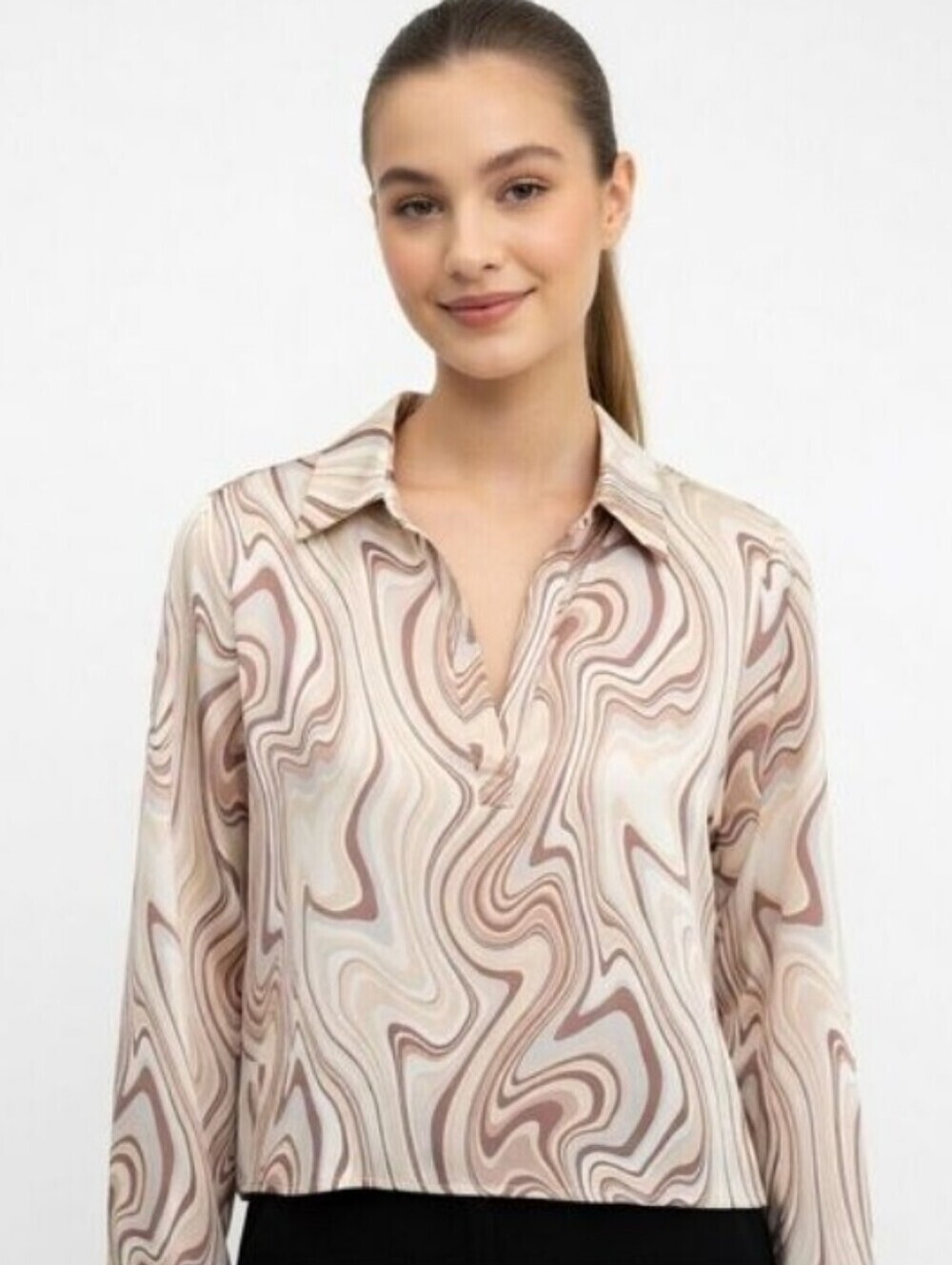 Pleione Retro Marble Swirl Print V-Neck Blouse - Cream, Soft Brown & Pale Lilac